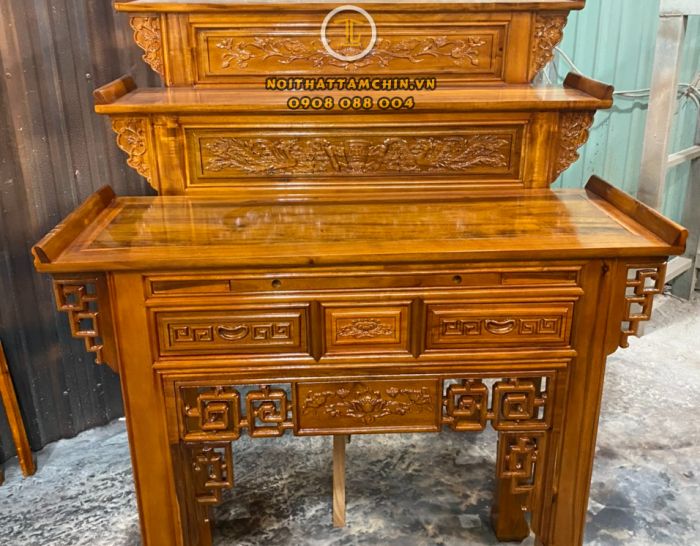 Bàn thờ gia tiên gỗ tràm 3 tầng ngang 1m27 x sâu 1m07 x cao 1m07/1m30/1m54